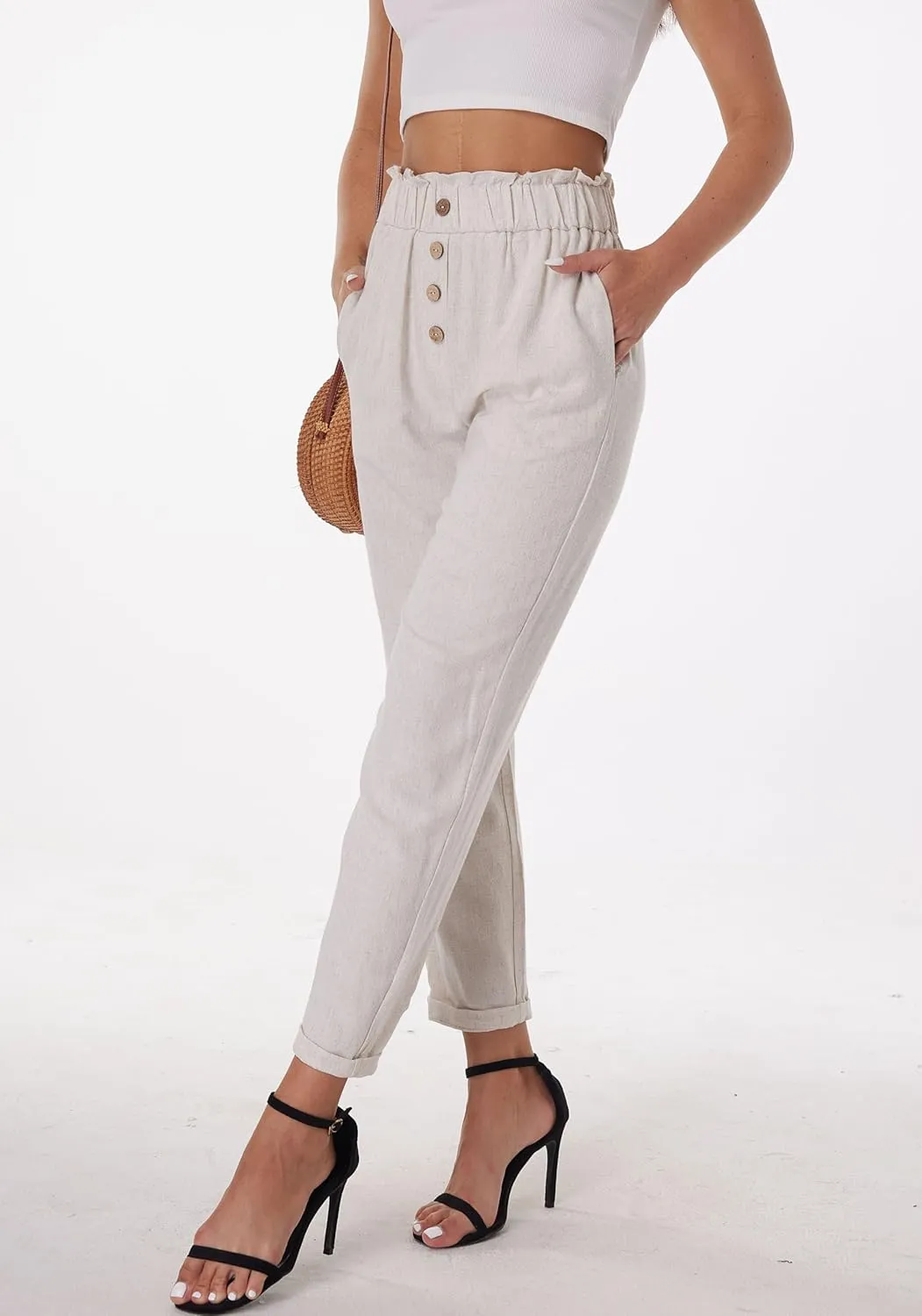 heipeiwa Women's Cotton Linen Casual Cropped Work Pants Summer Paper Bag Dressy Tapered Pants
