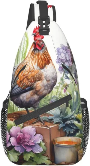 Hen Chicks In Yard Sling Bag, Rooster Flower Crossbody Shoulder Backpack Chest Bag Travel Casual Daypacks for Women Men