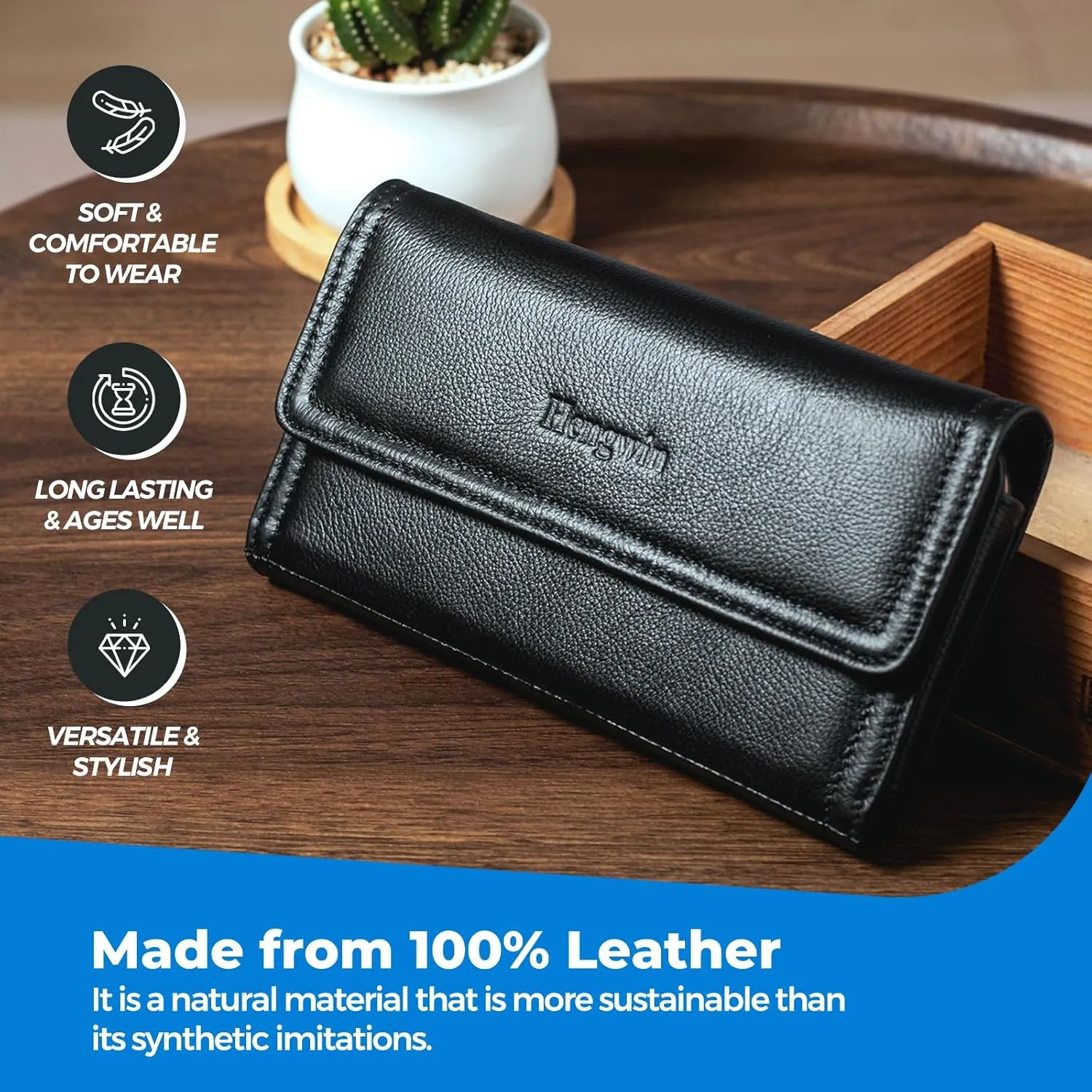 Hengwin Leather Cell Phone Belt Case Fits for iPhone 16 Pro Max 15 Pro Max 14 Plus Samsung Galaxy A15 A25 S24 Ultra S23  Holster Phone Pouch Belt Holder (Black)