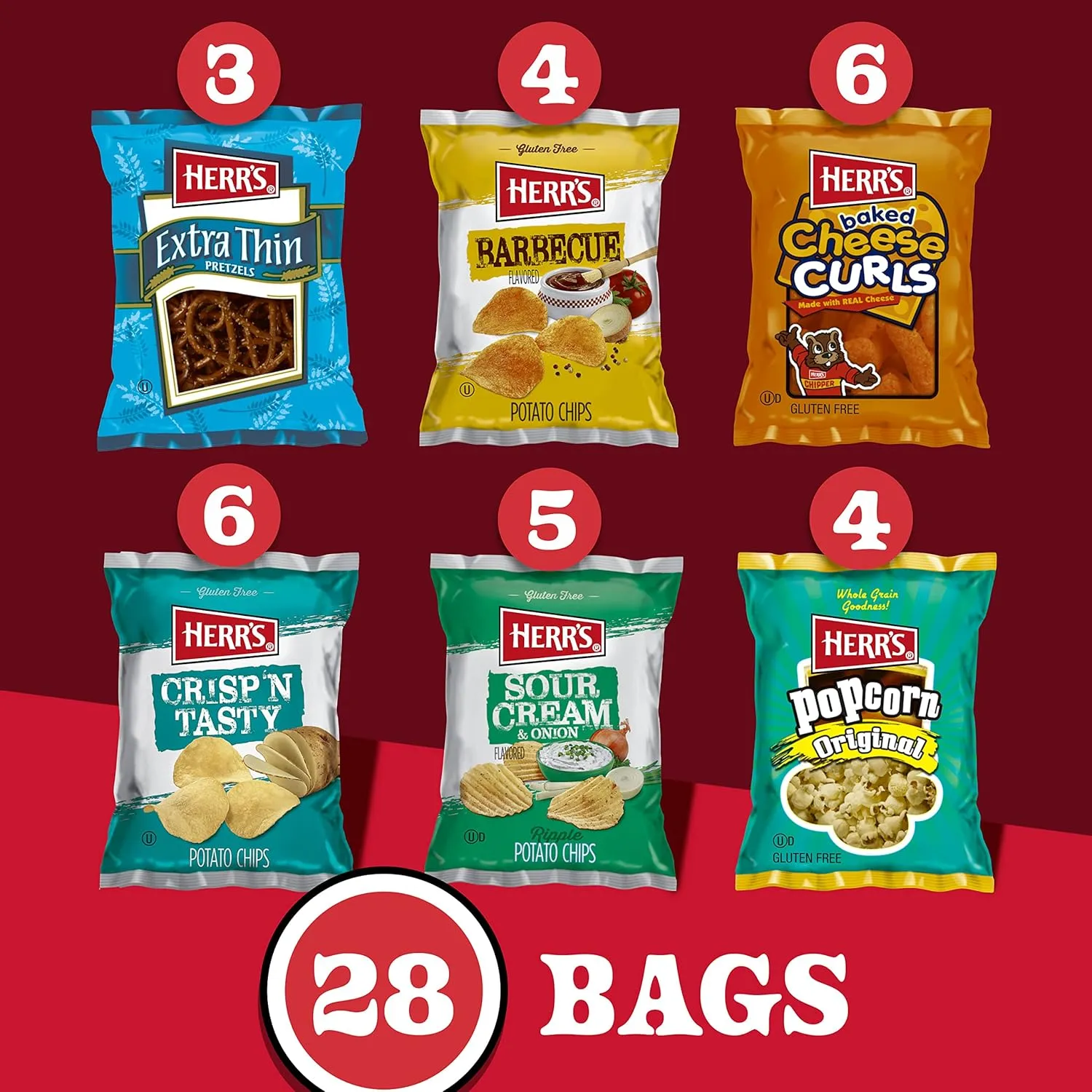 Herr’s Snacks Variety Pack, Potato Chips, Pretzels, Popcorn, Cheese Curls, 26oz Box (28 Bags)