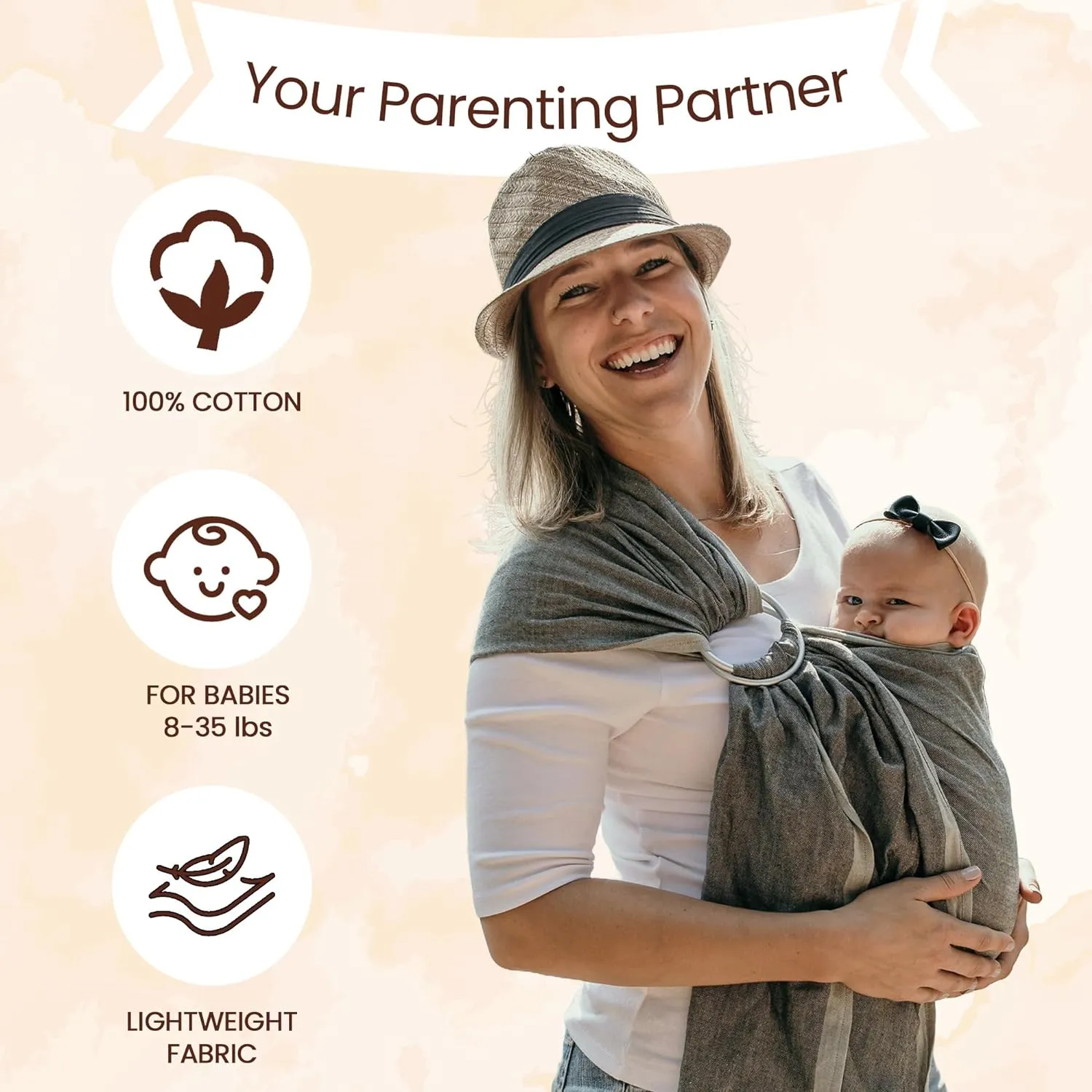 Hip Baby Wrap Ring Sling Baby Carrier for Infants and Toddlers - Beautiful, 100% Soft Cotton Baby Wraps Carrier for Babies 8-35 lbs - Perfect Baby Shower Gifts Moms and Dads - Nursing Cover (Beach)