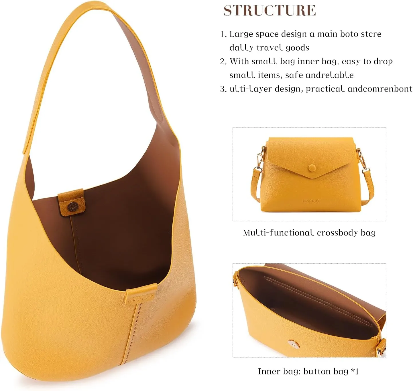 HKCLUF Hobo Bags Purses for Women 2PCS/Set,Soft Vegan Leather Slouchy Shoulder Handbags with Small Crossbody Bags for Women