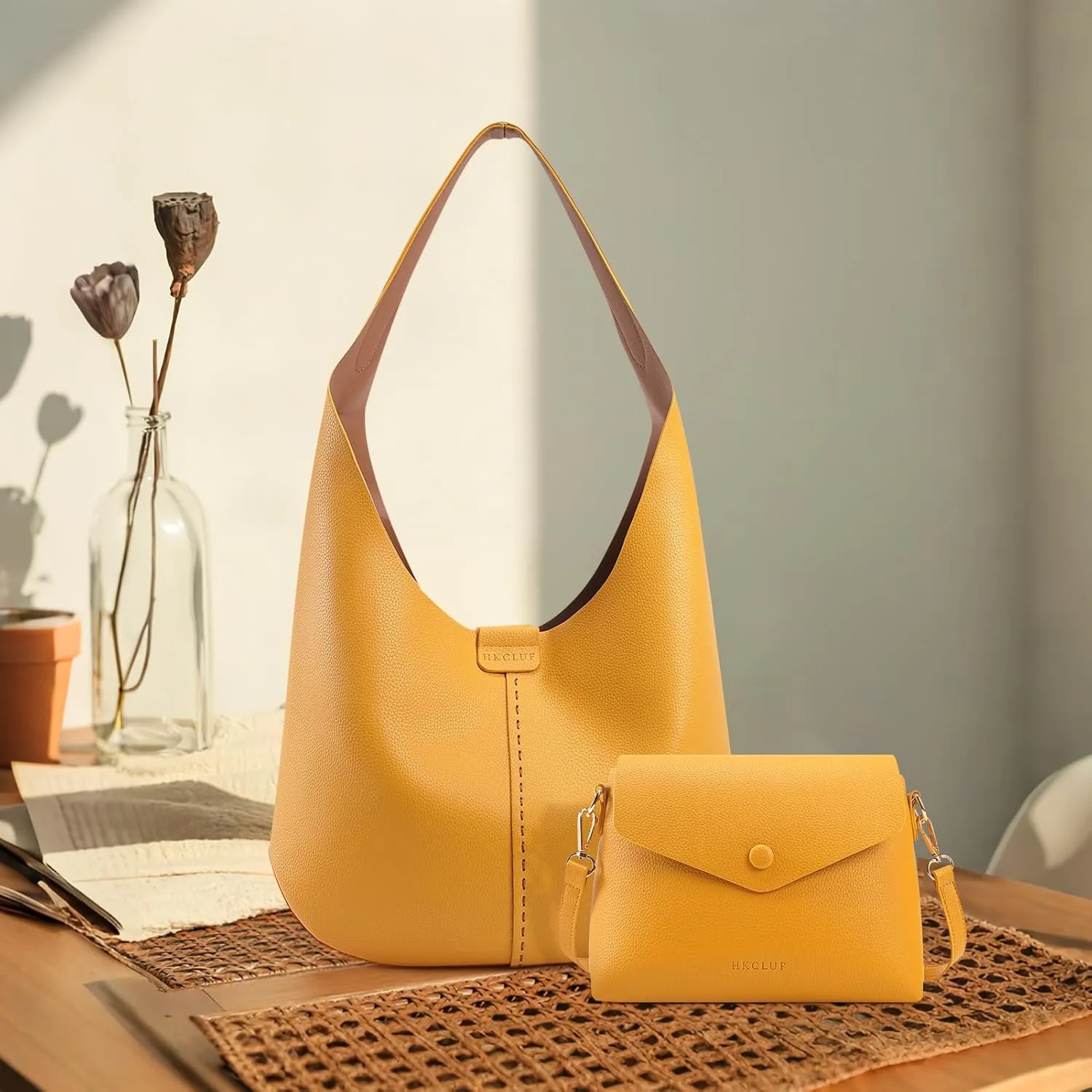 HKCLUF Hobo Bags Purses for Women 2PCS/Set,Soft Vegan Leather Slouchy Shoulder Handbags with Small Crossbody Bags for Women