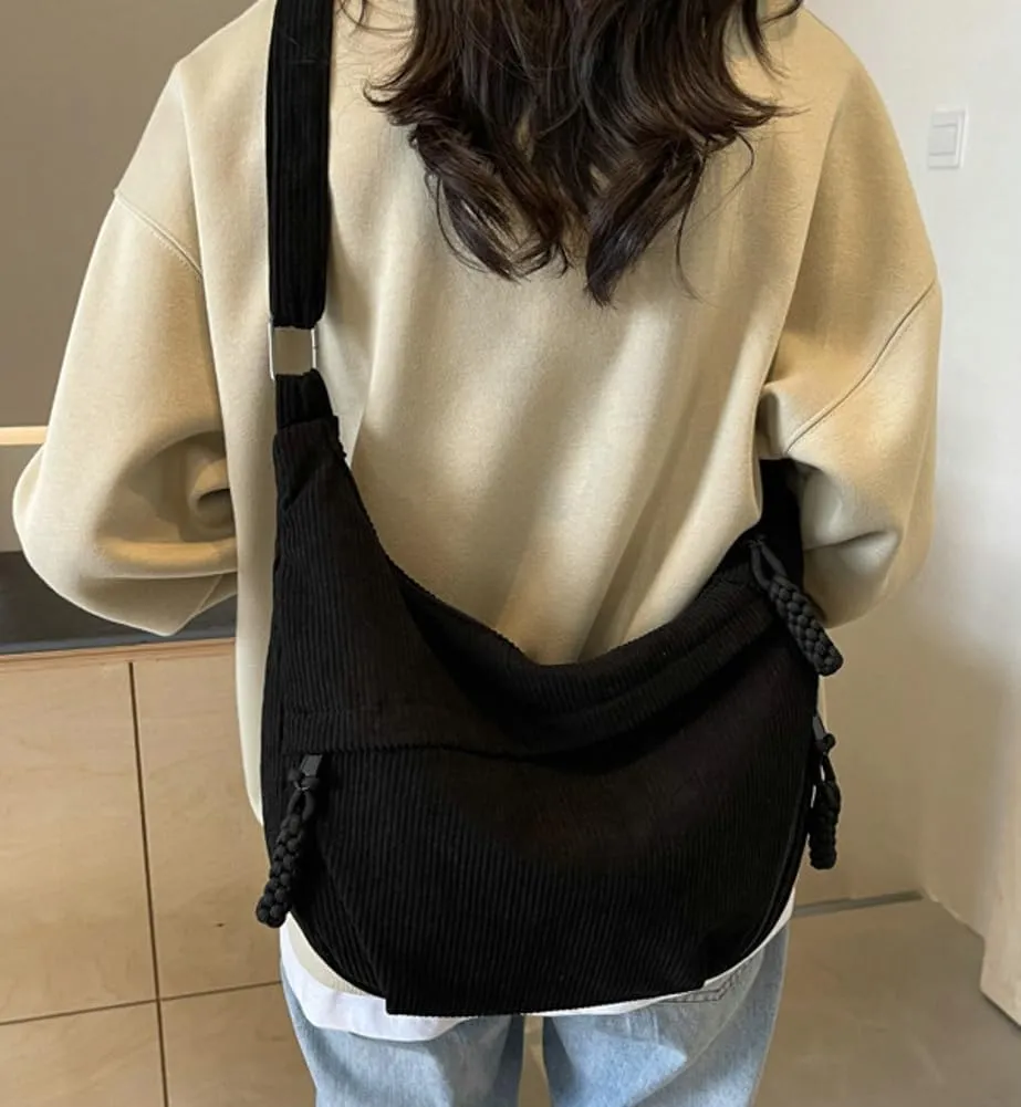 Hobo Bag for Women Men Crescent Shoulder Bag Retro Nylon Canvas Crossbody Bag Slouchy Corduroy Dumpling Bag Purse
