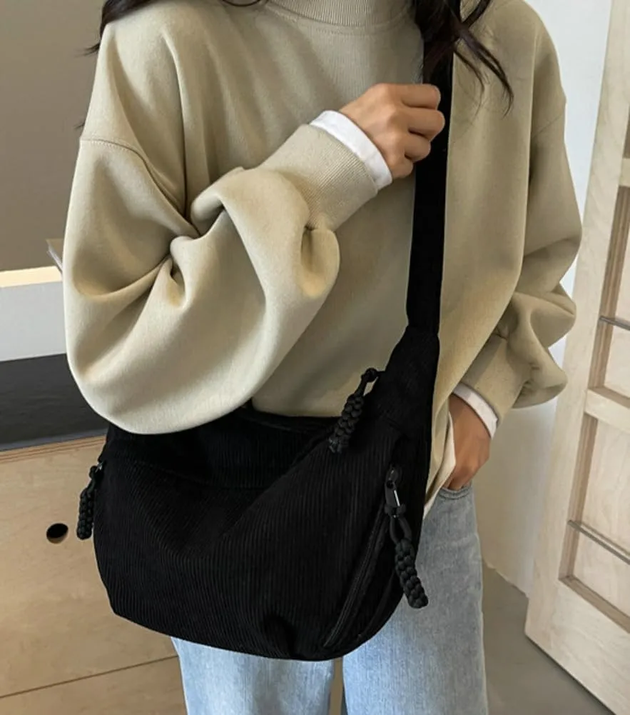 Hobo Bag for Women Men Crescent Shoulder Bag Retro Nylon Canvas Crossbody Bag Slouchy Corduroy Dumpling Bag Purse