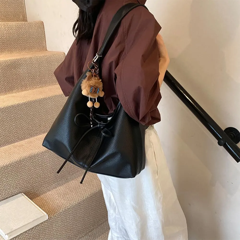 Hobo bag for Women,PU Leather Shoulder bag Slouchy Tote Bags Designer Handbag Bow with Doll Accessories