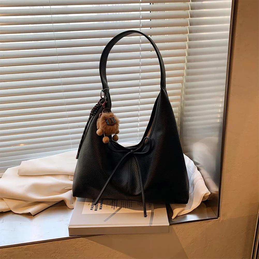 Hobo bag for Women,PU Leather Shoulder bag Slouchy Tote Bags Designer Handbag Bow with Doll Accessories