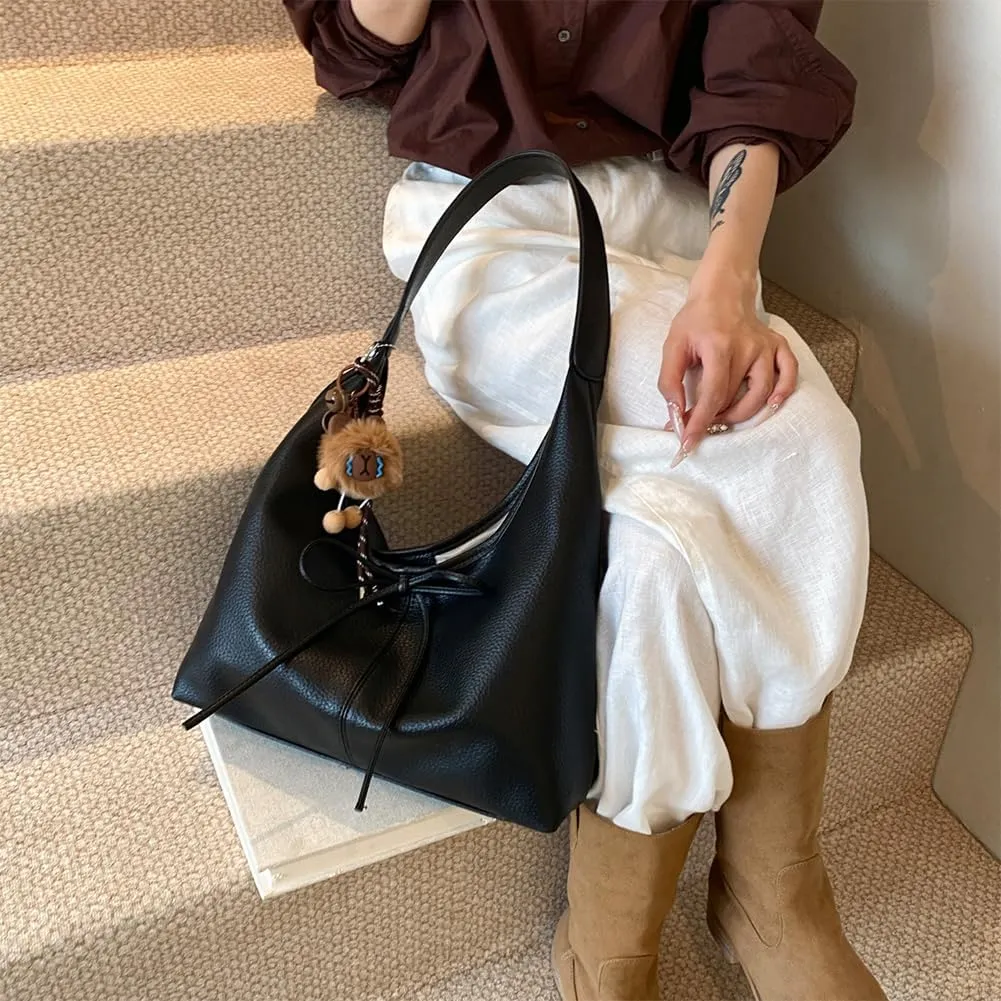 Hobo bag for Women,PU Leather Shoulder bag Slouchy Tote Bags Designer Handbag Bow with Doll Accessories