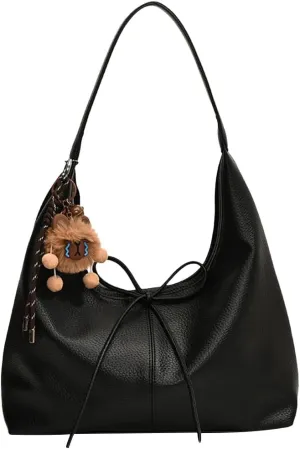 Hobo bag for Women,PU Leather Shoulder bag Slouchy Tote Bags Designer Handbag Bow with Doll Accessories