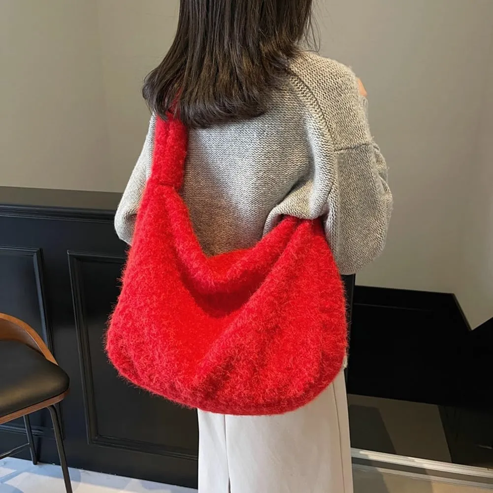 Hobo Bags for Women Fuzzy Bag Slouchy Bag Large Capacity Tote Bag Casual Trendy Bag Soft Shoulder Bag Commuter Tote