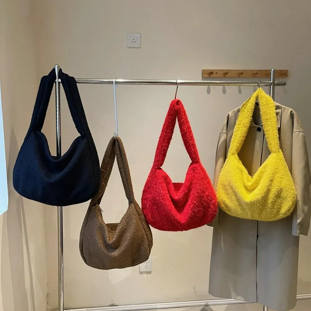 Hobo Bags for Women Fuzzy Bag Slouchy Bag Large Capacity Tote Bag Casual Trendy Bag Soft Shoulder Bag Commuter Tote