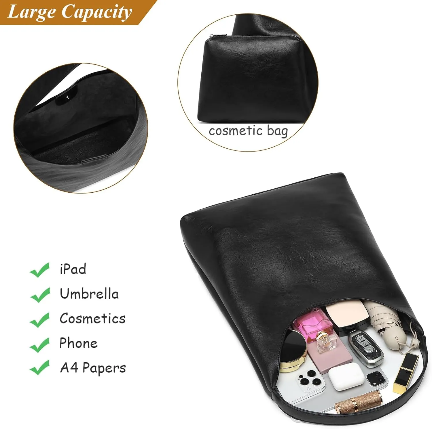 Hobo Bags for Women, Slouchy Handbag Vegan Leather Shoulder Purse 2pcs Work Tote