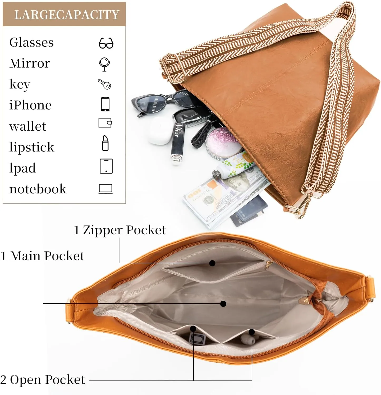 Hobo Bags for Women Slouchy Tote Bag Crossbody Purses 2PCS Vegan Leather Shoulder Handbags Bags with Coin Purse Set