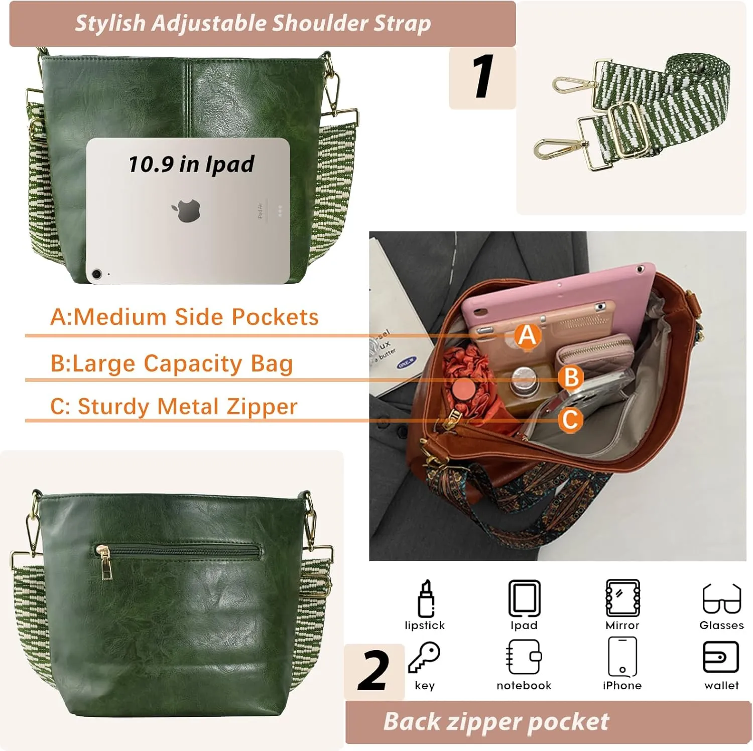Hobo Bags Vegan Leather Crossbody Bag Guitar Strap Shoulder Purses with Zipper Handbags for Women