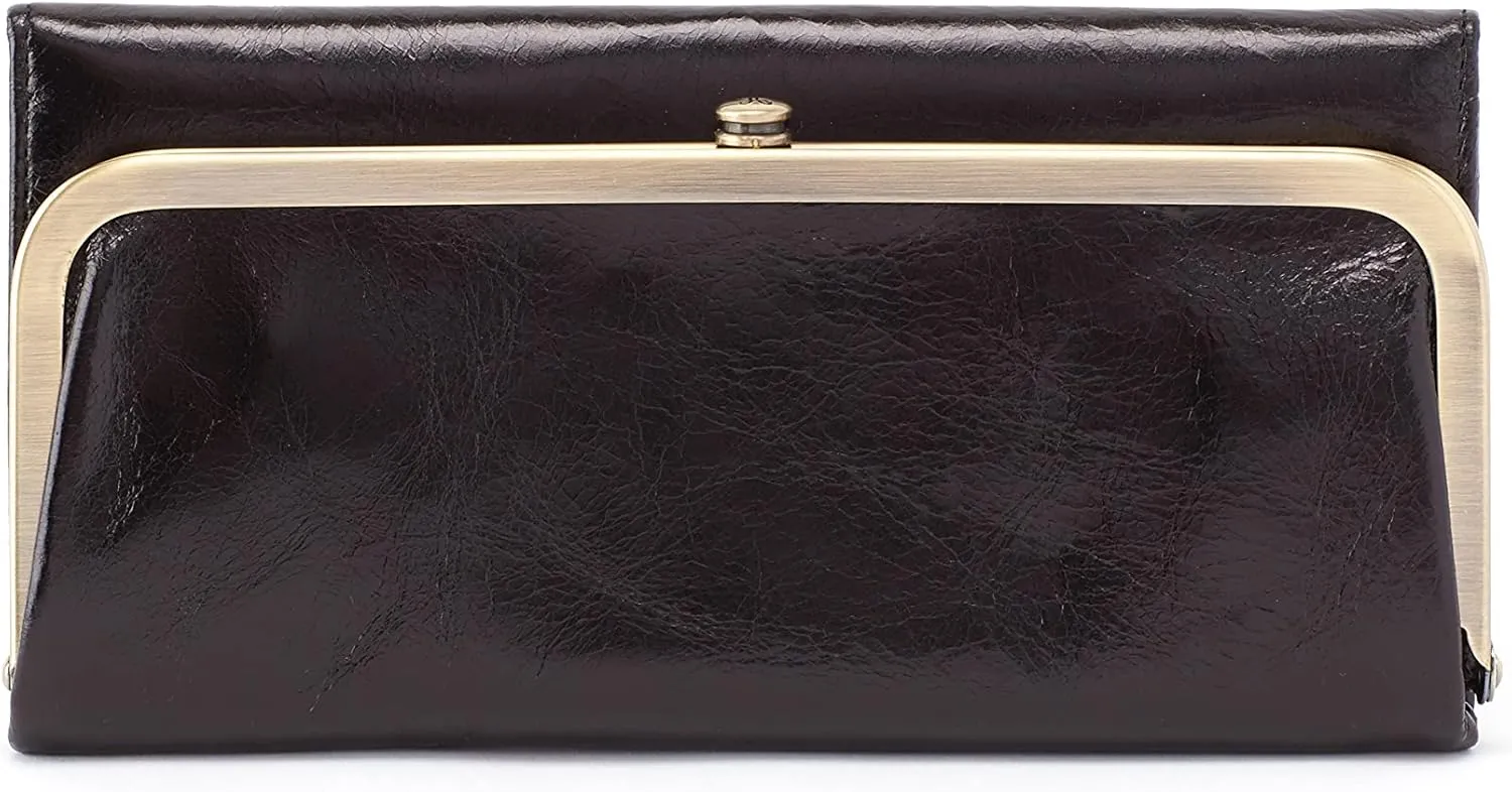 HOBO Rachel Leather Trifold Continental Wallet has a Vintage-Inspired Aesthetic, Frame Closure, Money Slot, Card Organizer, Slip Pocket, and Small Mirror, Black
