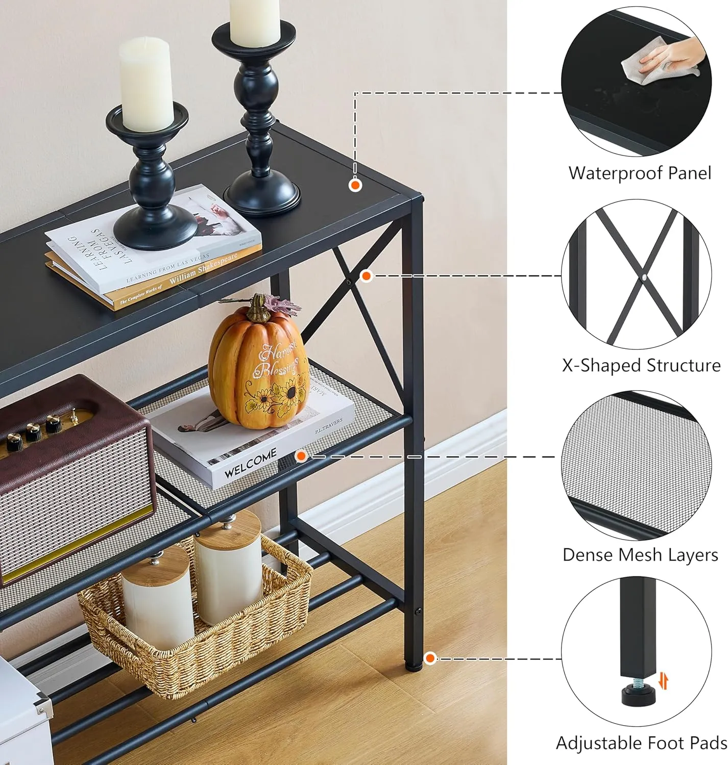 Hoctieon Industrial Console Table, 3 Tier Entryway Table, Hallway Desk, Narrow Sofa Tables with Shelves, Entrance Desk for Entryway, Living Room, Foyer, Hallway, Office, Black