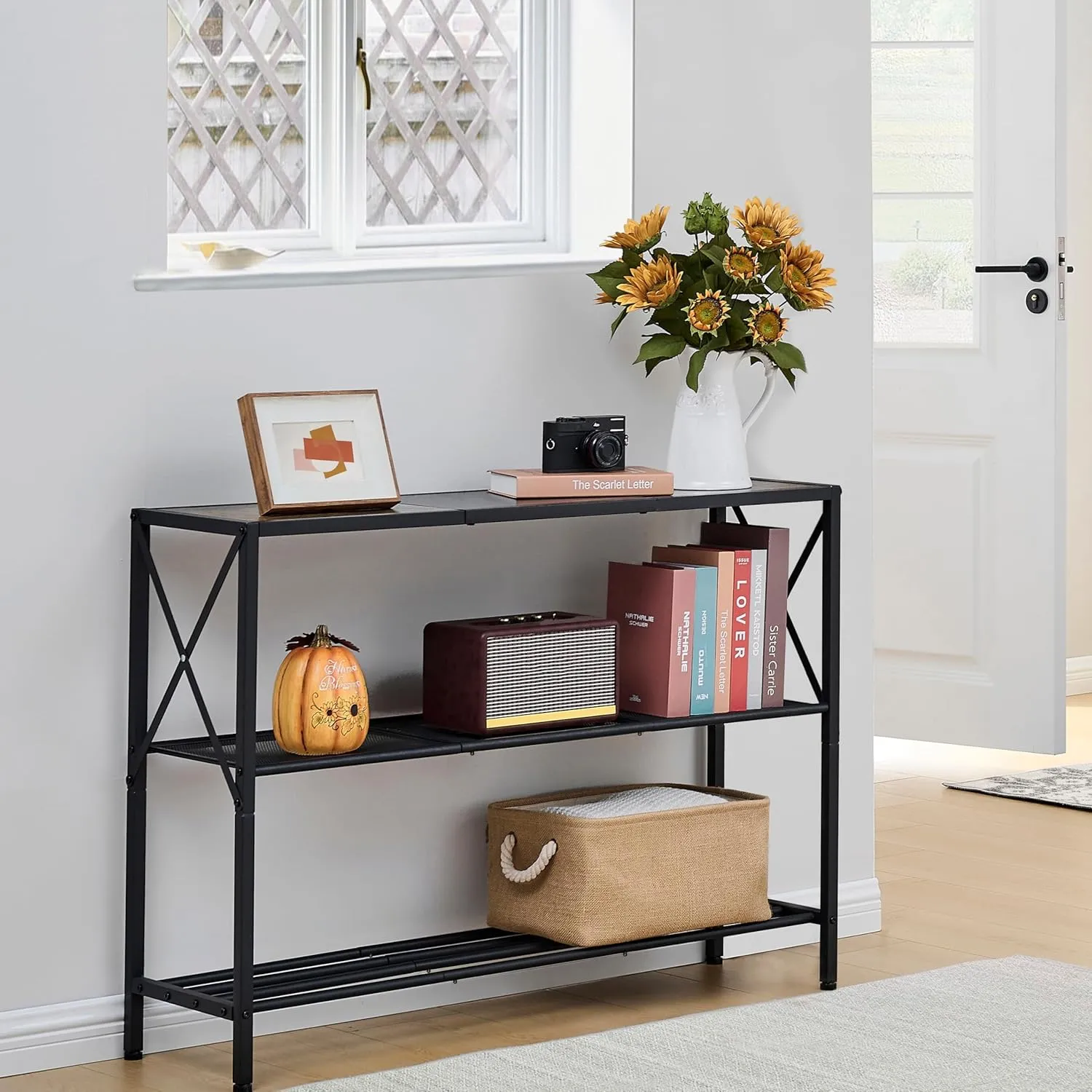 Hoctieon Industrial Console Table, 3 Tier Entryway Table, Hallway Desk, Narrow Sofa Tables with Shelves, Entrance Desk for Entryway, Living Room, Foyer, Hallway, Office, Black