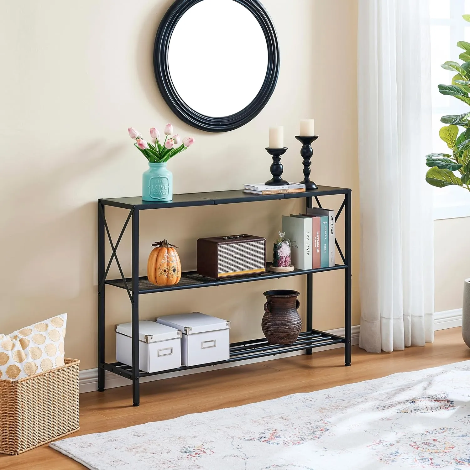 Hoctieon Industrial Console Table, 3 Tier Entryway Table, Hallway Desk, Narrow Sofa Tables with Shelves, Entrance Desk for Entryway, Living Room, Foyer, Hallway, Office, Black