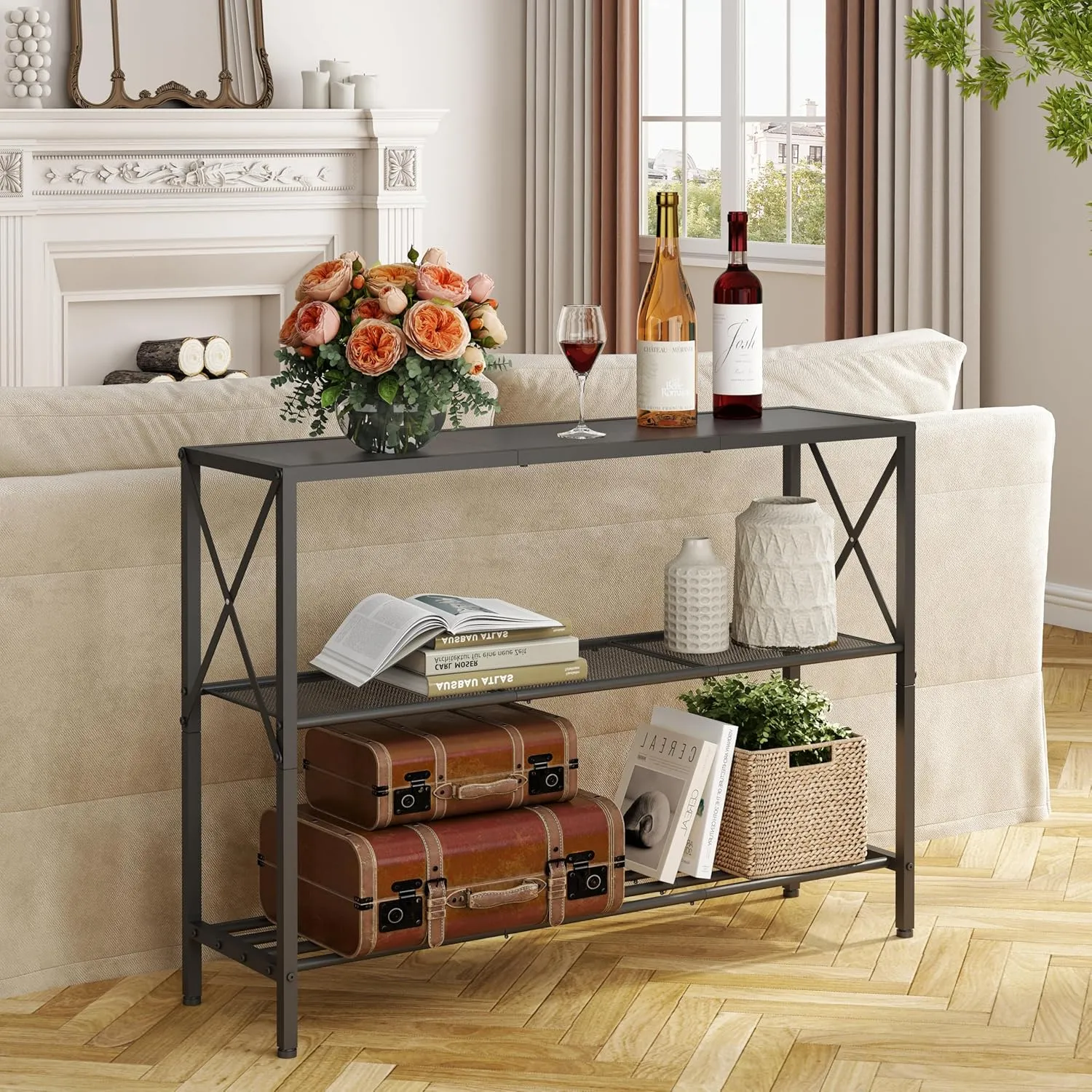 Hoctieon Industrial Console Table, 3 Tier Entryway Table, Hallway Desk, Narrow Sofa Tables with Shelves, Entrance Desk for Entryway, Living Room, Foyer, Hallway, Office, Black