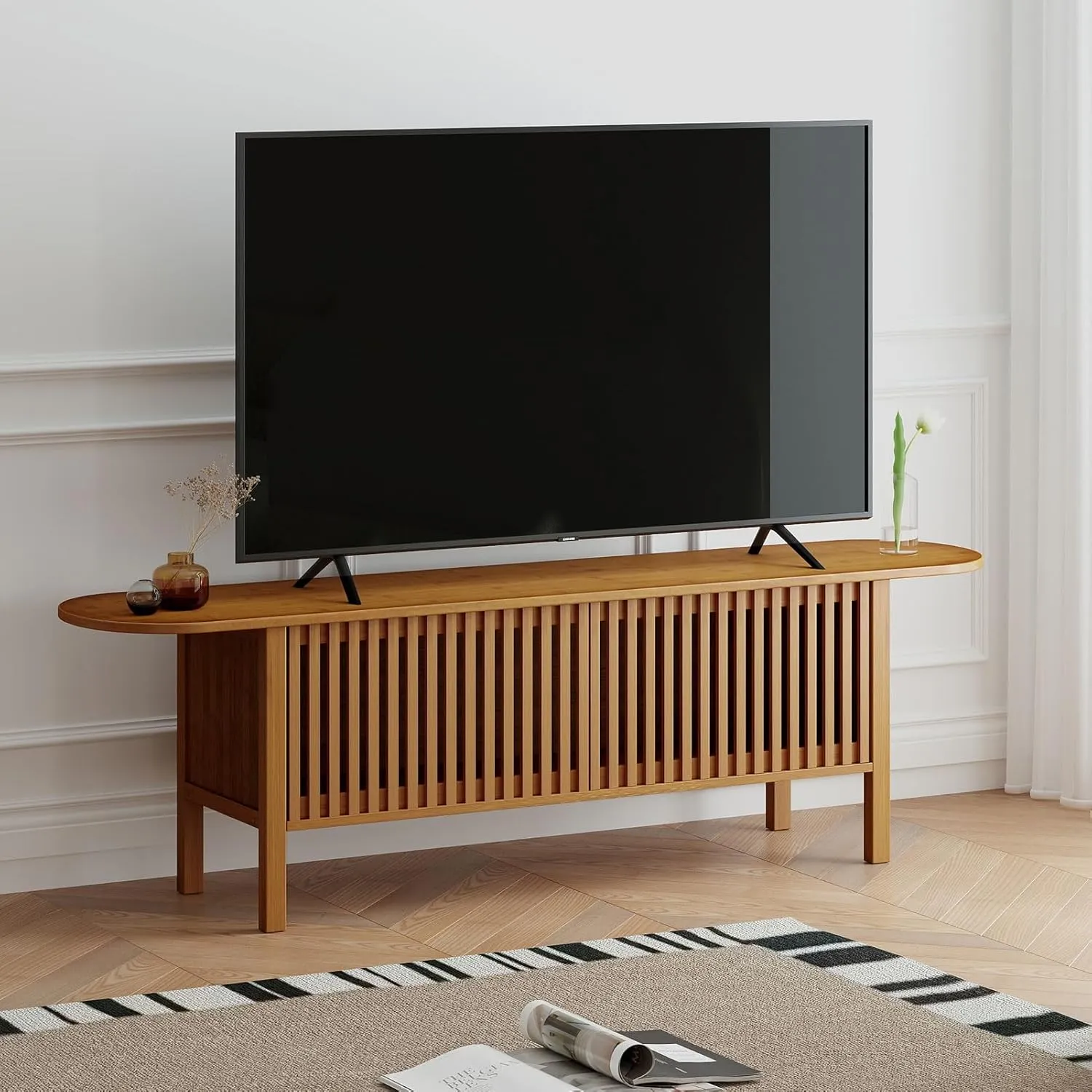 HollyHOME Bamboo TV Stand with Storage for TVs up to 65", Modern Entertainment Center with Fence Door, Accent TV Table with 2 Shelf, Media Console TV Stand for Living Room, Bedroom, Walnut