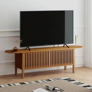 HollyHOME Bamboo TV Stand with Storage for TVs up to 65", Modern Entertainment Center with Fence Door, Accent TV Table with 2 Shelf, Media Console TV Stand for Living Room, Bedroom, Walnut