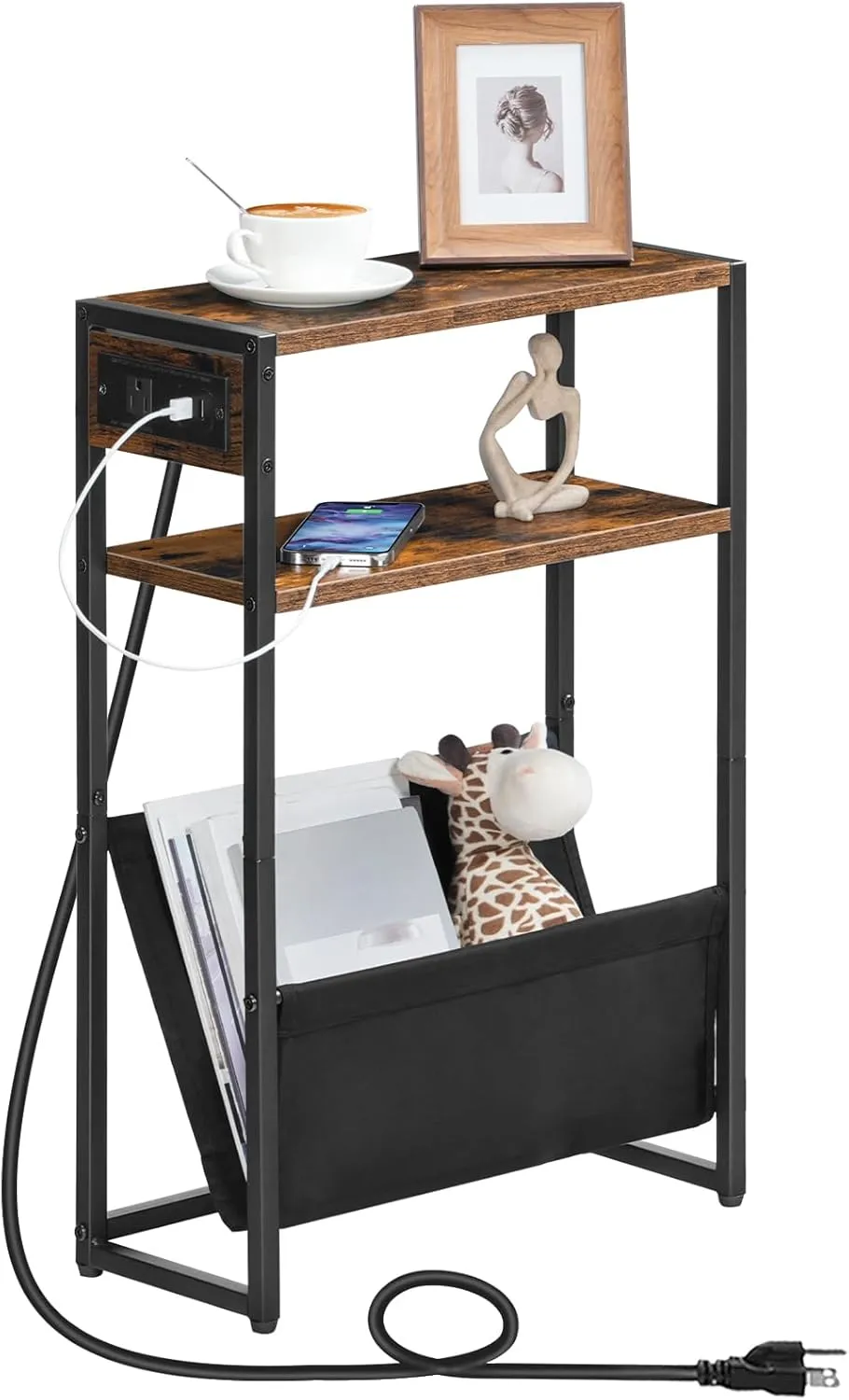 HOOBRO Narrow Side Table, End Table with Charging Station, 3-Tier Nightstand, Bedside Table with 2 Wooden Shelves and Magazine Sling, for Small Space, Living Room, Rustic Brown and Black BF103UBZ01