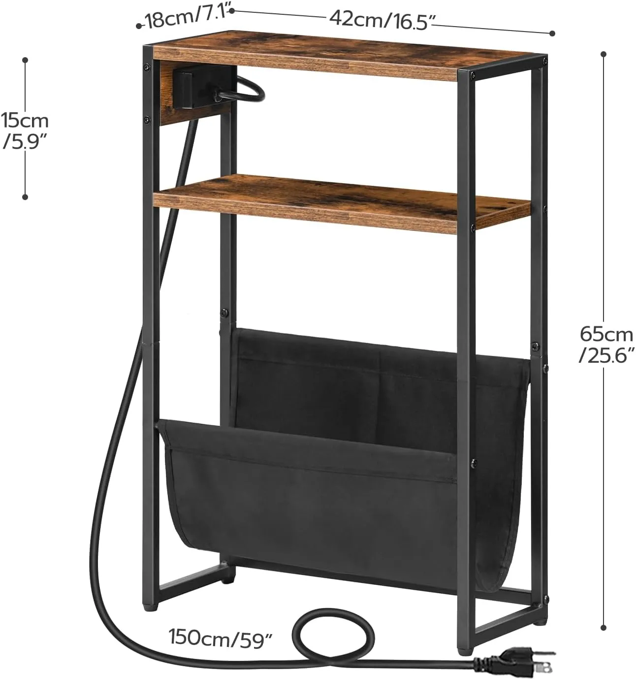HOOBRO Narrow Side Table, End Table with Charging Station, 3-Tier Nightstand, Bedside Table with 2 Wooden Shelves and Magazine Sling, for Small Space, Living Room, Rustic Brown and Black BF103UBZ01
