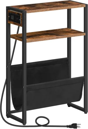 HOOBRO Narrow Side Table, End Table with Charging Station, 3-Tier Nightstand, Bedside Table with 2 Wooden Shelves and Magazine Sling, for Small Space, Living Room, Rustic Brown and Black BF103UBZ01