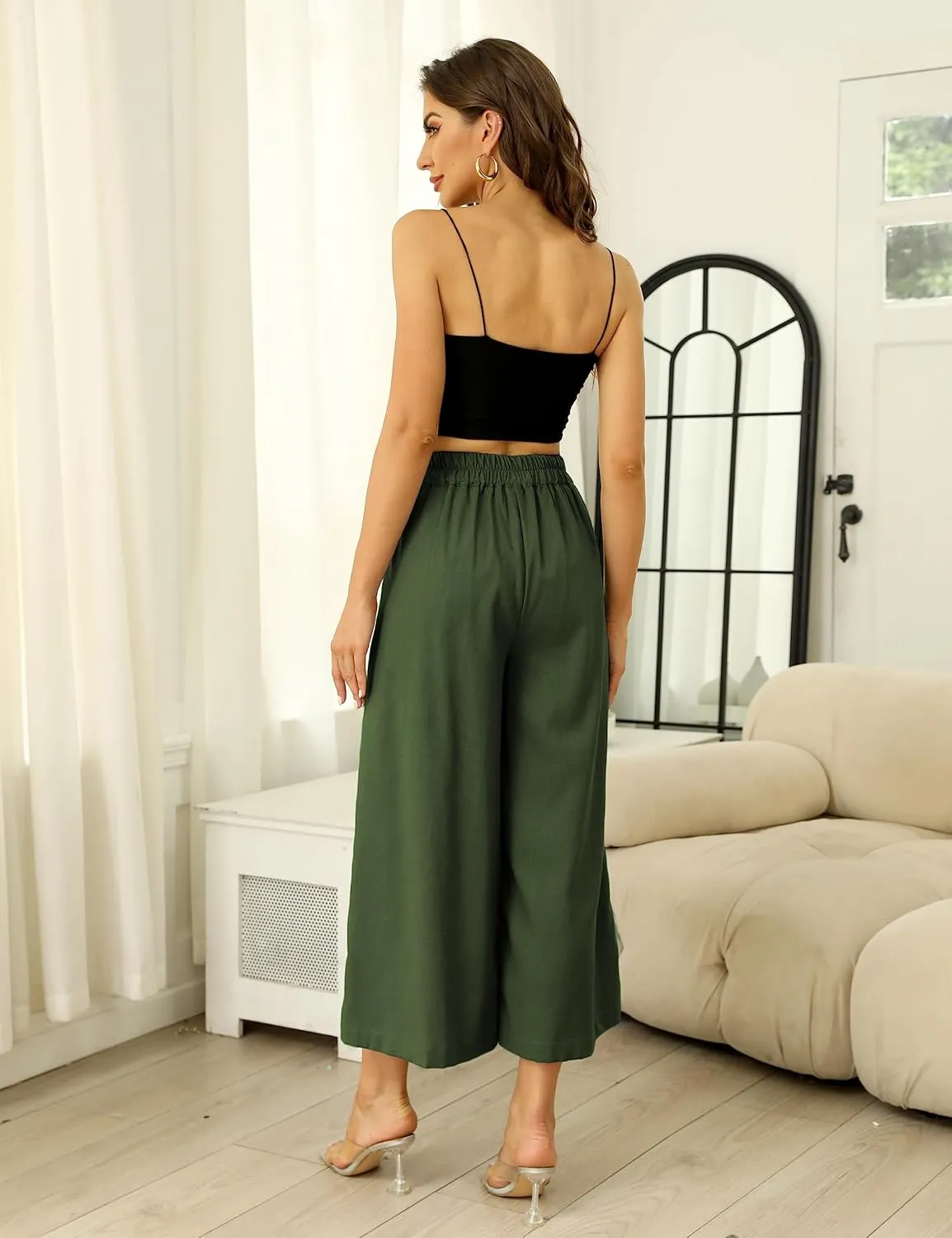 Hooever Women's Cotton Linen Culottes Pants Elastic Waist Wide Leg Palazzo Trousers Capri Pant