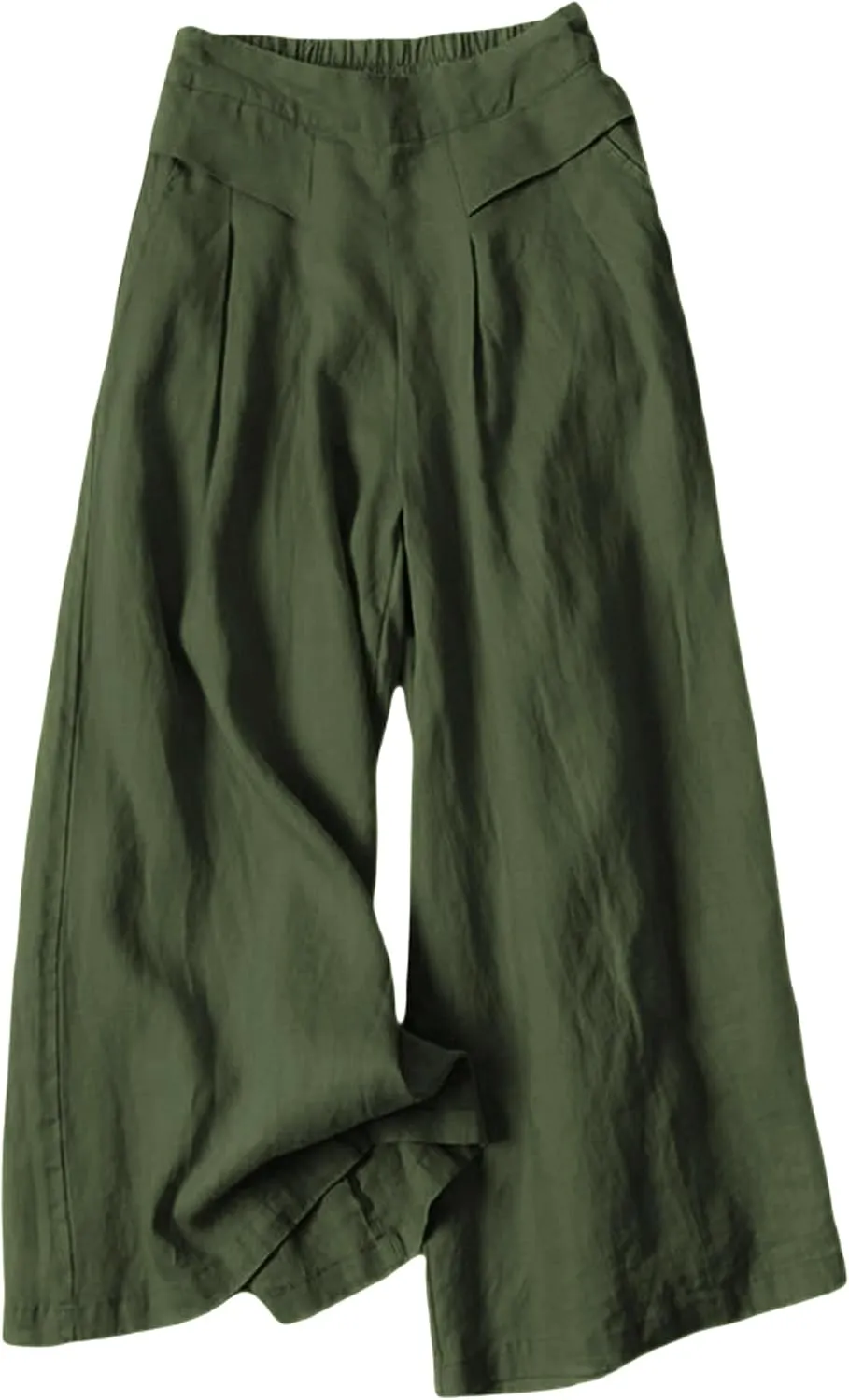 Hooever Women's Cotton Linen Culottes Pants Elastic Waist Wide Leg Palazzo Trousers Capri Pant
