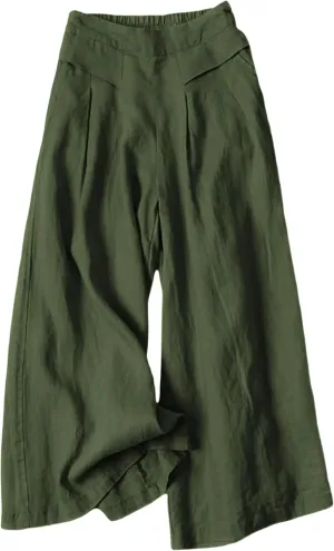 Hooever Women's Cotton Linen Culottes Pants Elastic Waist Wide Leg Palazzo Trousers Capri Pant