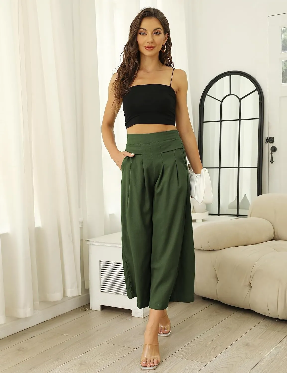 Hooever Women's Cotton Linen Culottes Pants Elastic Waist Wide Leg Palazzo Trousers Capri Pant