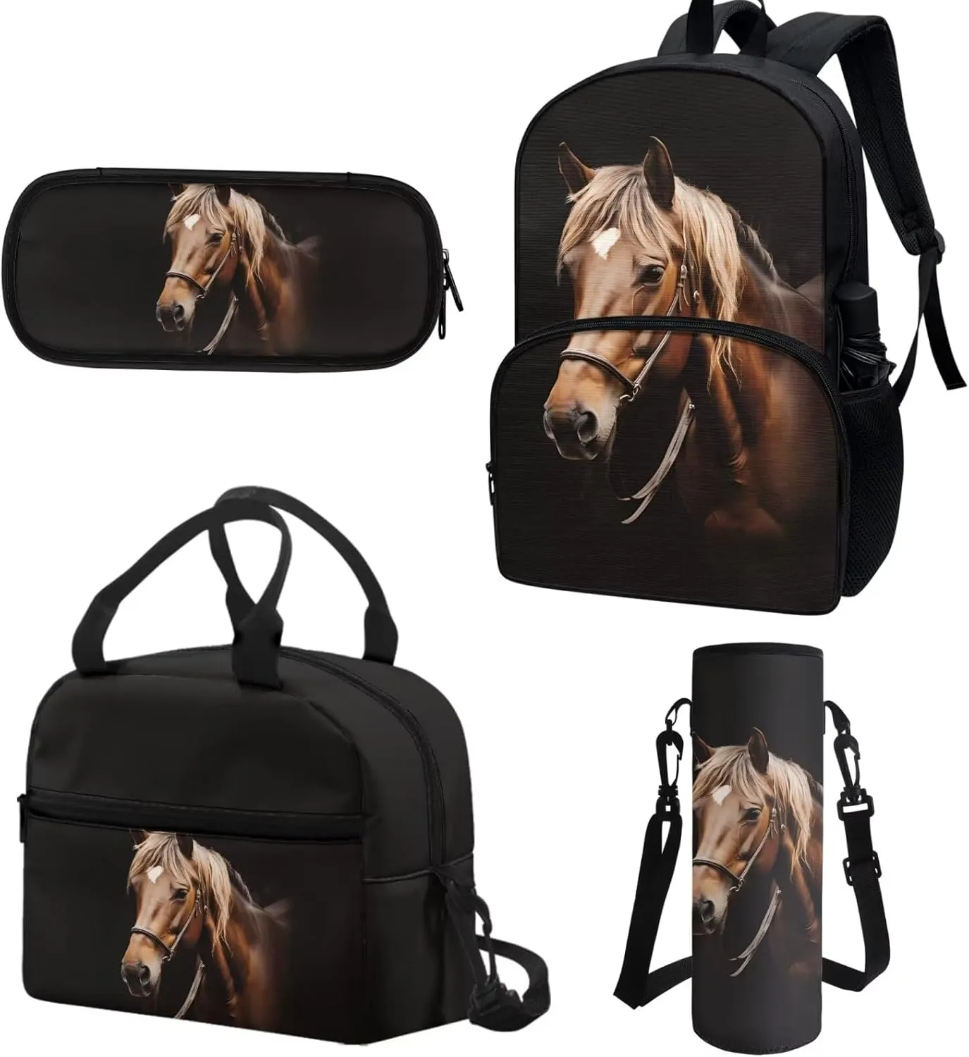 Horse Animal Kids Backpack with Lunch Box Pencil Bag Bottle Carrier Bag Sling Bags 4 Pcs Cute 3D Horse Fashion Backpack Sets for Boy Girl Middle School Primary Student Bookbag