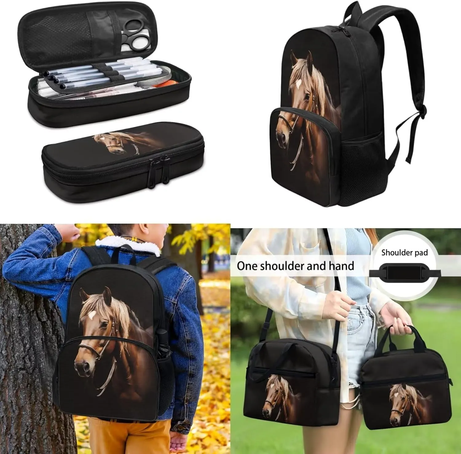 Horse Animal Kids Backpack with Lunch Box Pencil Bag Bottle Carrier Bag Sling Bags 4 Pcs Cute 3D Horse Fashion Backpack Sets for Boy Girl Middle School Primary Student Bookbag