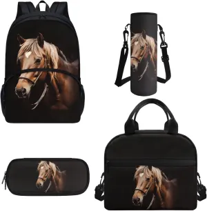 Horse Animal Kids Backpack with Lunch Box Pencil Bag Bottle Carrier Bag Sling Bags 4 Pcs Cute 3D Horse Fashion Backpack Sets for Boy Girl Middle School Primary Student Bookbag