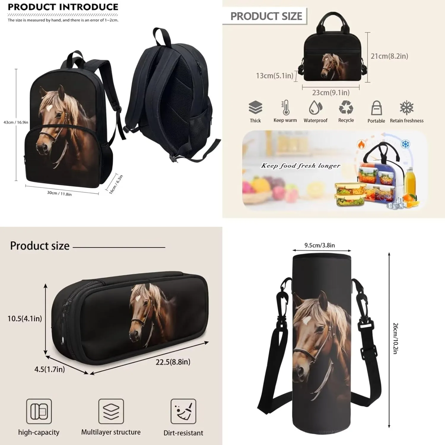 Horse Animal Kids Backpack with Lunch Box Pencil Bag Bottle Carrier Bag Sling Bags 4 Pcs Cute 3D Horse Fashion Backpack Sets for Boy Girl Middle School Primary Student Bookbag