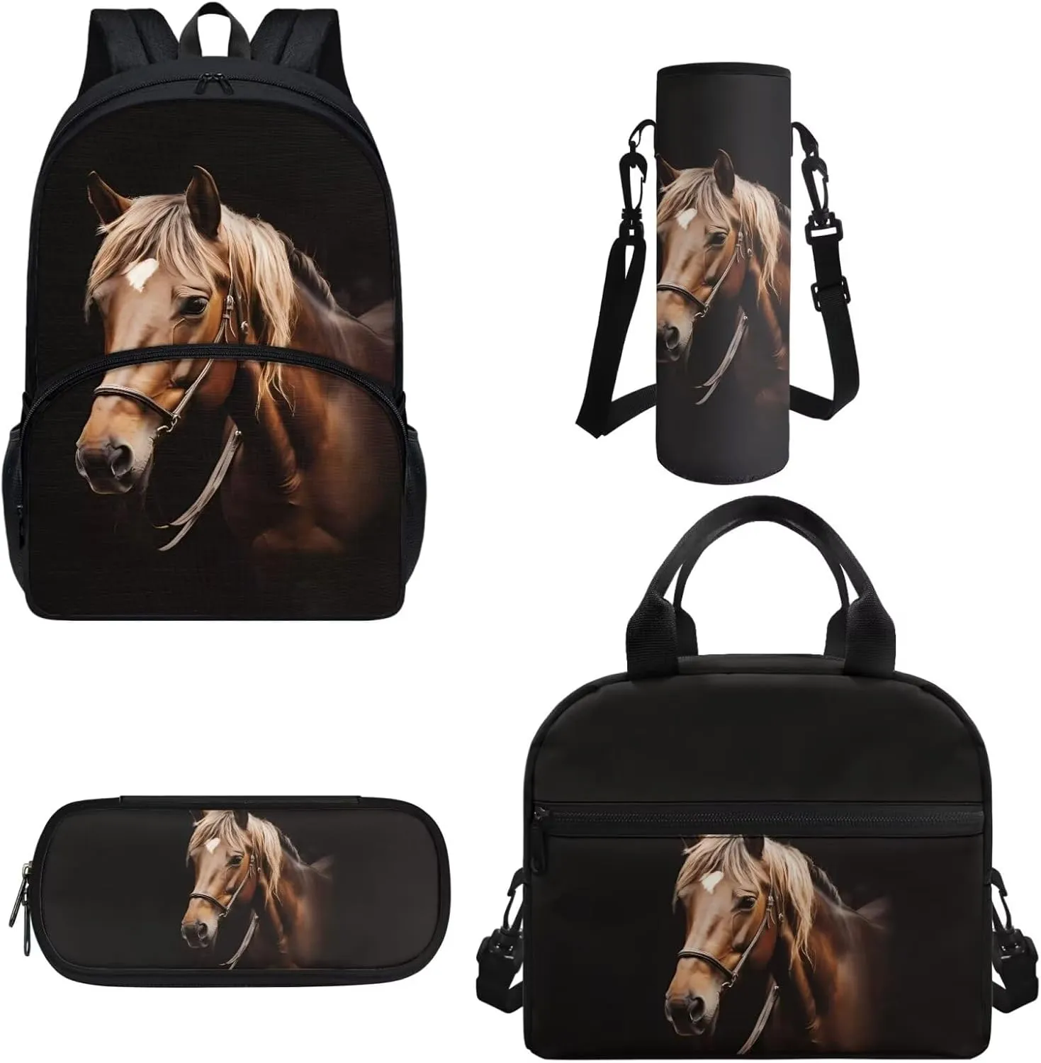 Horse Animal Kids Backpack with Lunch Box Pencil Bag Bottle Carrier Bag Sling Bags 4 Pcs Cute 3D Horse Fashion Backpack Sets for Boy Girl Middle School Primary Student Bookbag