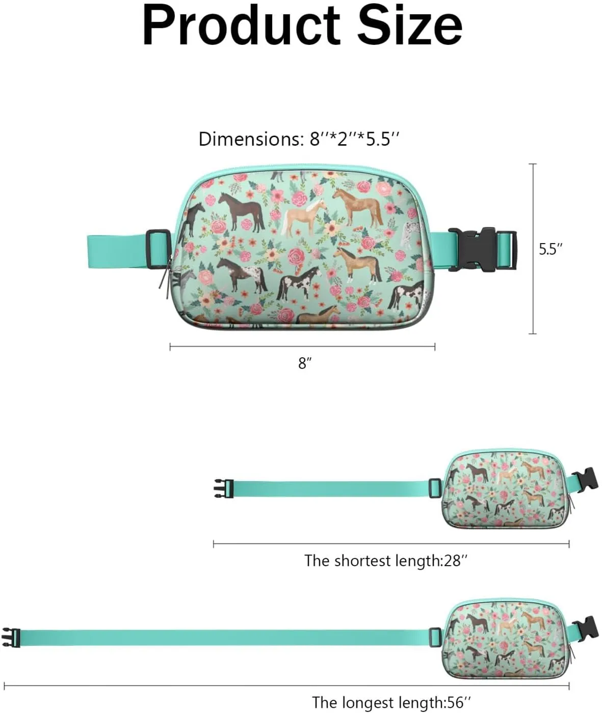 Horse Mini Belt Bag for Men Women Pony Floral Waist Packs Crossbody Bags Adjustable Strap for Hiking Cycling Sports