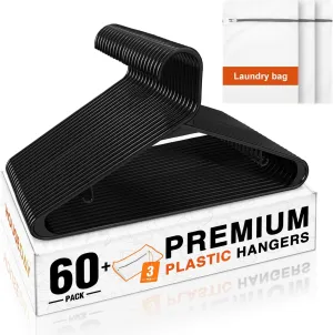 HOUSE DAY Black Plastic Hangers 60 Pack & Medium Mesh Laundry Bags 3 Pack - Space-Saving & Non-Slip Clothes Hangers with Hooks   Delicates Wash Bags Pefect for Closet Storage and Organization