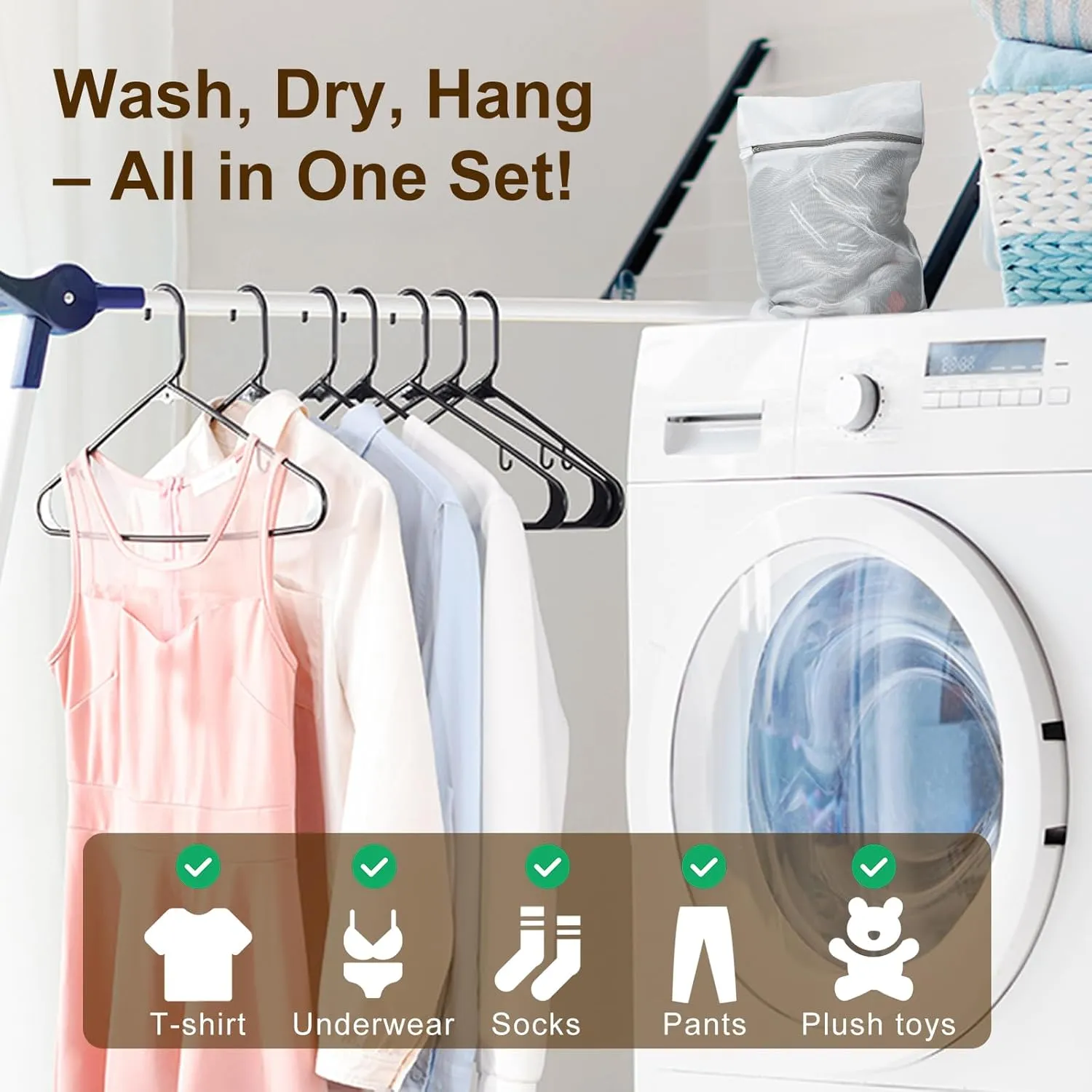 HOUSE DAY Black Plastic Hangers 60 Pack & Medium Mesh Laundry Bags 3 Pack - Space-Saving & Non-Slip Clothes Hangers with Hooks   Delicates Wash Bags Pefect for Closet Storage and Organization