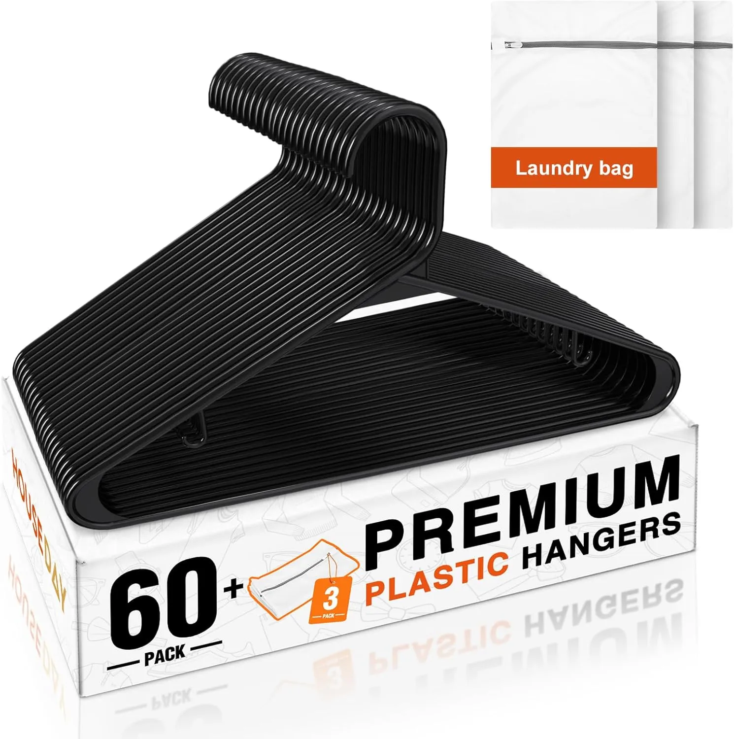 HOUSE DAY Black Plastic Hangers 60 Pack & Medium Mesh Laundry Bags 3 Pack - Space-Saving & Non-Slip Clothes Hangers with Hooks   Delicates Wash Bags Pefect for Closet Storage and Organization