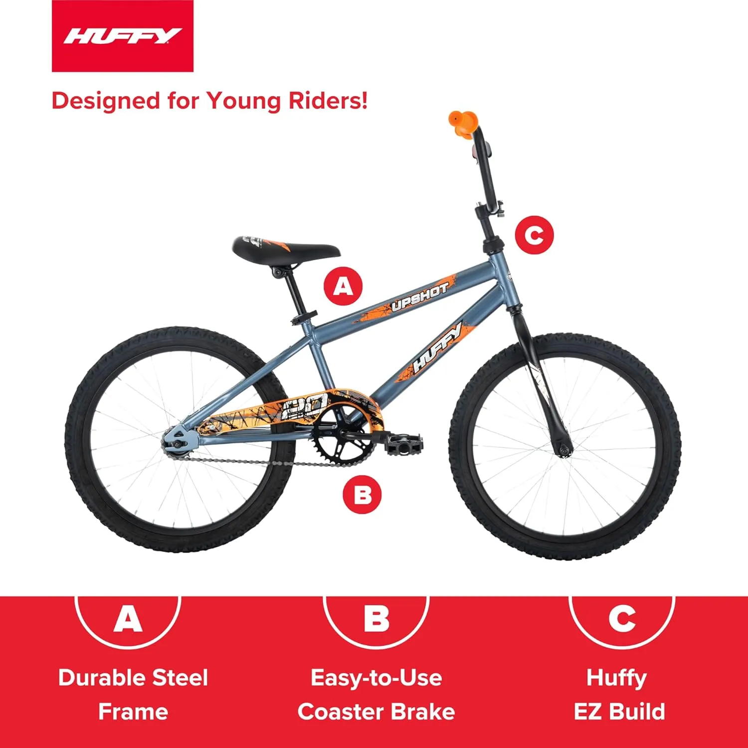 Huffy Upshot 12/16/20 Inch Boys' Bike for Kids, Ages 3  Years Old, Multiple Color Options, Removable Training Wheels (12" and 16" Only), BMX Design, Designed for Growth, Durable, Easy Assembly