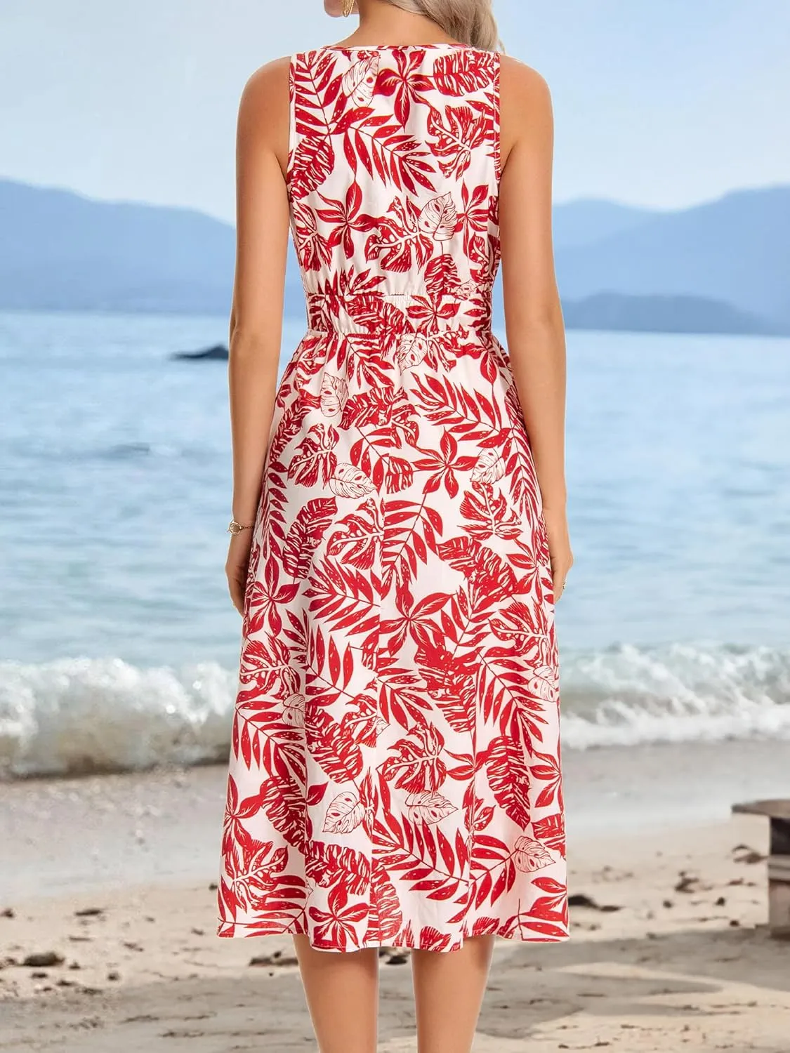 HUHOT Womens Tie Front Elastic Empire Waist Boho Summer Sun Dresses with Pockets