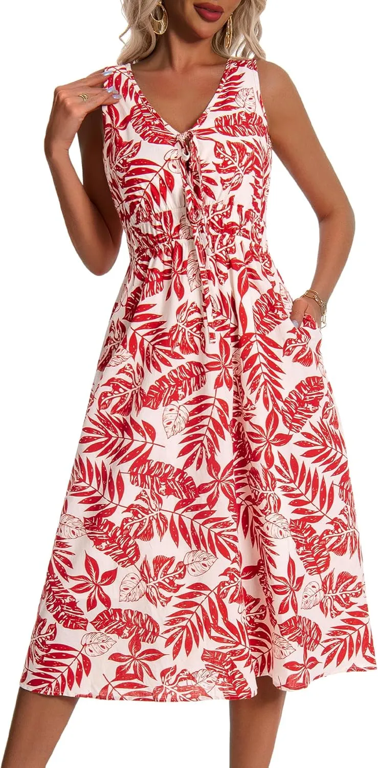 HUHOT Womens Tie Front Elastic Empire Waist Boho Summer Sun Dresses with Pockets