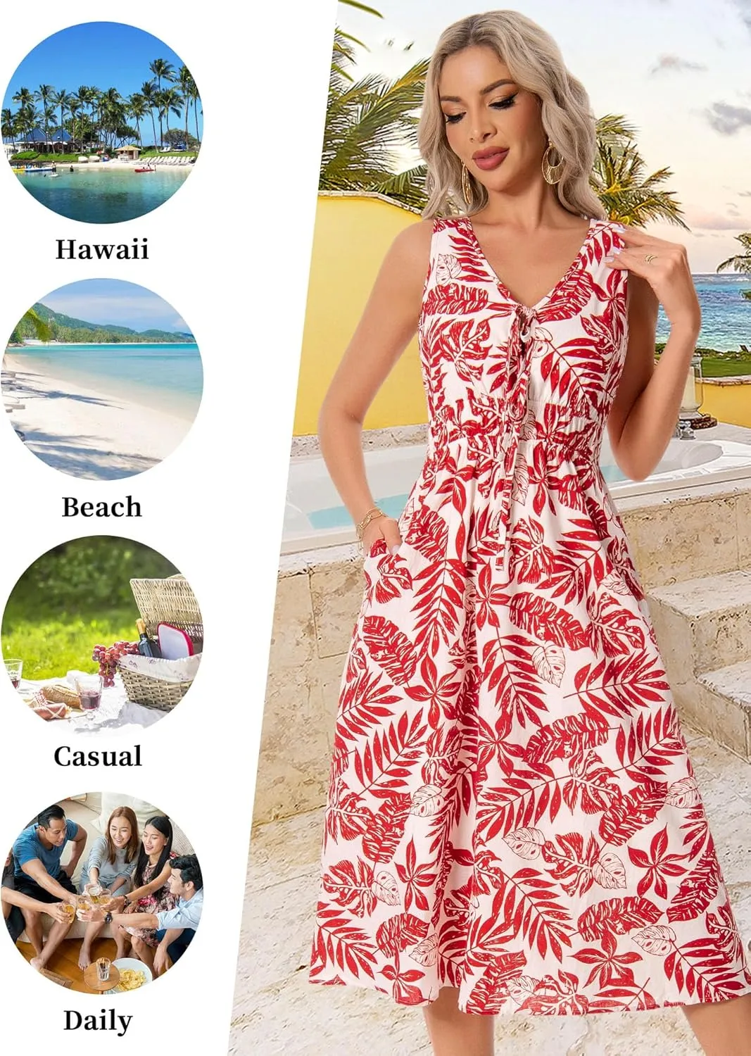 HUHOT Womens Tie Front Elastic Empire Waist Boho Summer Sun Dresses with Pockets