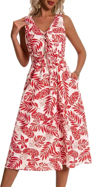 HUHOT Womens Tie Front Elastic Empire Waist Boho Summer Sun Dresses with Pockets
