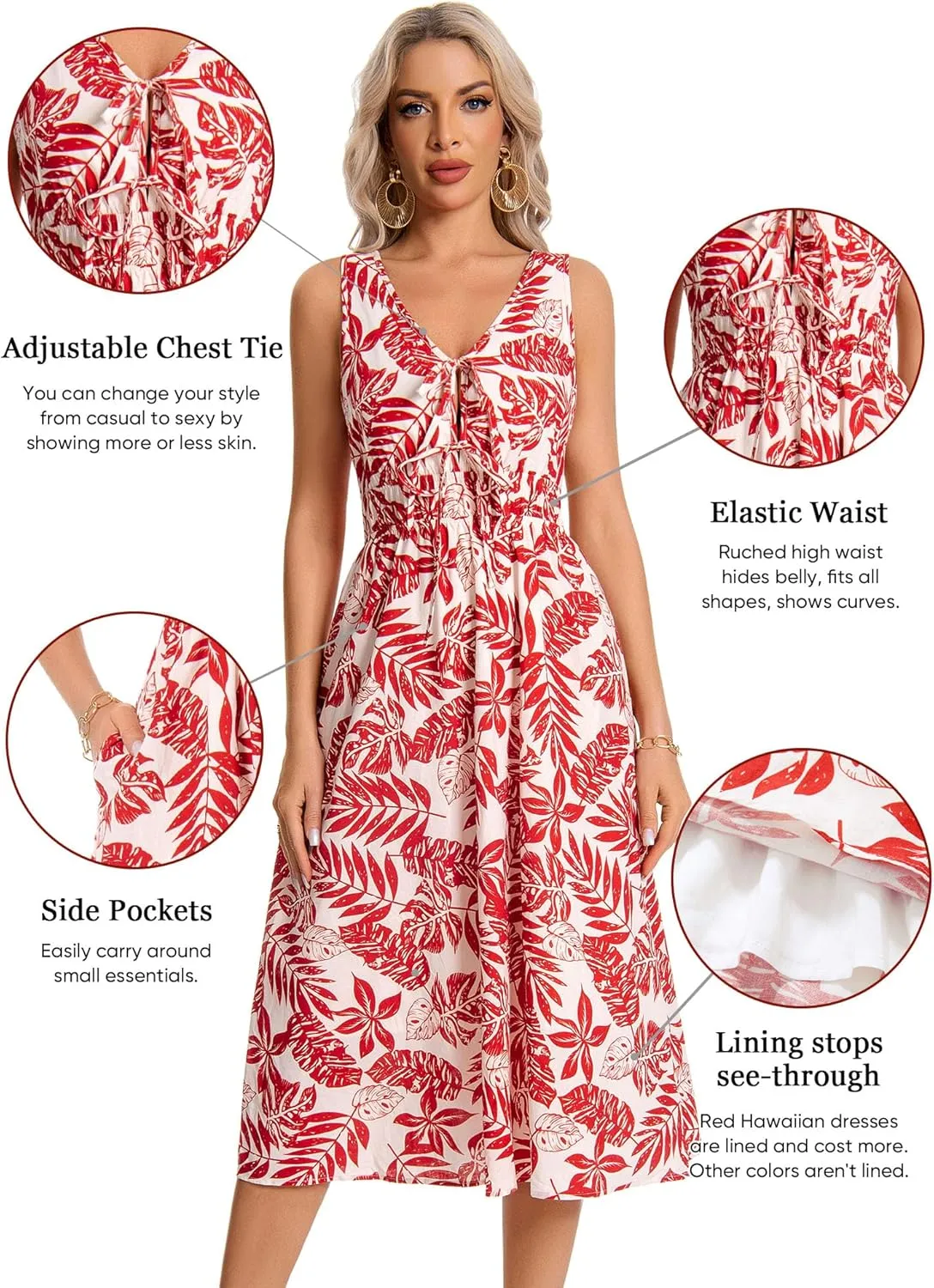 HUHOT Womens Tie Front Elastic Empire Waist Boho Summer Sun Dresses with Pockets