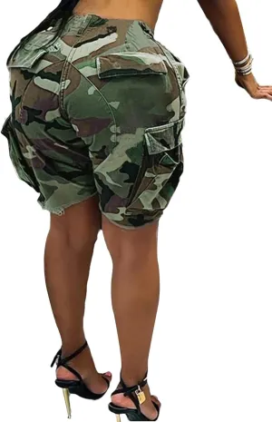 HuiSiFang Womens Camo Cargo Shorts Elastic High Waist Loose Fit Casual Shorts with Pockets