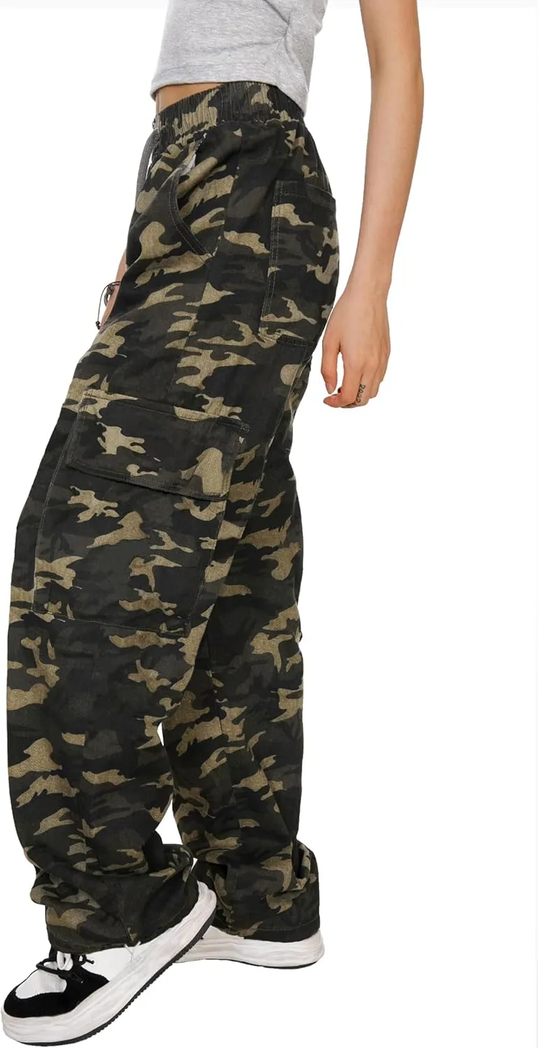 HVEPUO Camo Pants Women High Waisted Wide Leg Casual Y2K Camoflage Cargo Pants Baggy Elastic Waist Straight Jeans Trousers