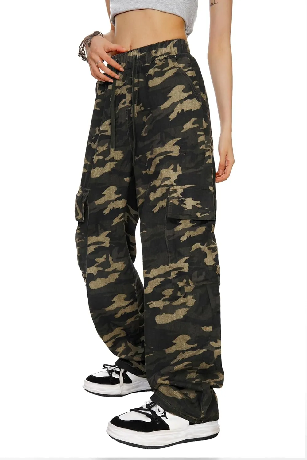 HVEPUO Camo Pants Women High Waisted Wide Leg Casual Y2K Camoflage Cargo Pants Baggy Elastic Waist Straight Jeans Trousers